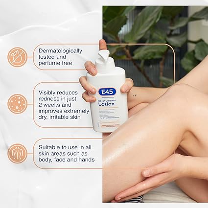 A person applies E45 Lotion Pump (500ml) to their leg, showcasing the dermatologically tested, perfume-free, hypoallergenic formula that reduces redness and enhances dry, sensitive skin. Suitable for body, face, and hands.