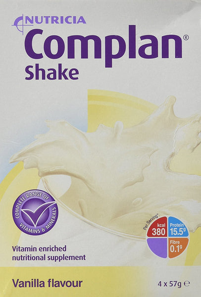 The Complan Shake Vanilla Flavour packaging emphasizes its high-energy nutritional supplement role, ideal for dietary management. It contains 380 kcal, 15.5g protein, and 0.1g fiber per serving, with essential vitamins and minerals shown by a splash of milk and a purple seal for complete support.