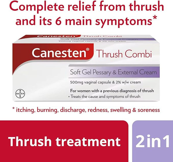 The Canesten Thrush Combi Soft Gel Pessary & Cream (75g) offers complete relief from vaginal yeast infections and its 6 main symptoms, like itching and burning. The packaging highlights it as a 2-in-1 thrush treatment with a clotrimazole soft gel pessary and external cream.