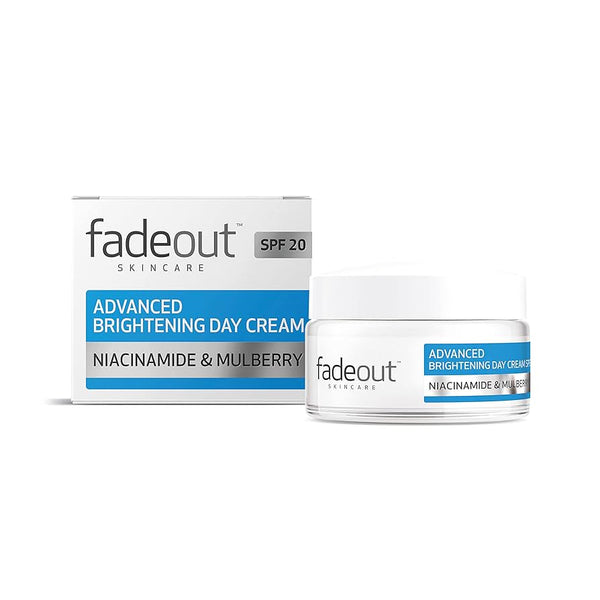 A jar and box of Fadeout Advanced Brightening Day Cream SPF20 (50ml) by Fadeout are displayed on a white background. The white packaging features blue accents and bold text, highlighting niacinamide and mulberry for dark spot reduction.