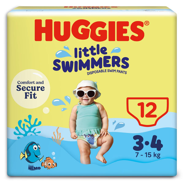 A 12-pack of Huggies Little Swimmers Swim Pants, size 4, from Huggies, featuring playful water-themed graphics and Finding Nemo characters.