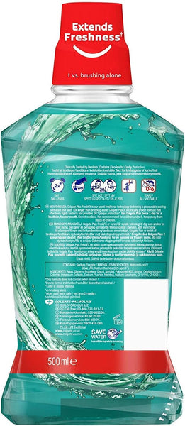 The Colgate Plax Soft Green Mint Mouthwash (500ml) features a turquoise liquid with a label detailing oral health benefits, instructions, and ingredients. The red top states Extends Freshness, while splashing water graphics emphasize its antibacterial solution.