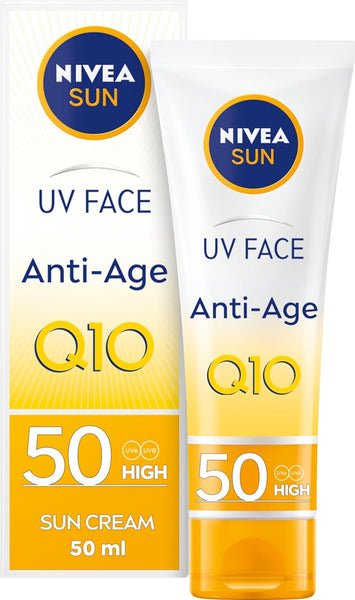 A 50ml tube and box of Nivea Sun UV Face Q10 Anti-Age & Anti-Pigments SPF 50 features high protection, anti-aging properties, and a design with blue and yellow accents on a crisp white background.