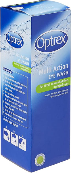 Optrex Multi Action Eyewash (300ml) in blue packaging relieves tired, uncomfortable eyes. It washes, soothes, and cleanses using natural plant extracts with the Flexiseal Eye Bath. Directions and illustrations for application are included.