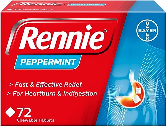 Rennie Heartburn & Indigestion Relief - Peppermint Blue offers soothing comfort for upset stomachs in a pack of 72 chewable tablets. The package, branded by Rennie, features red and blue colors with a Bayer logo and stomach illustration.