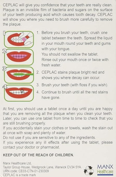 An instructional diagram for Ceplac Endekay Plaque Disclosing (12 Tablets) aids in dental hygiene: Step 1: Chew a tablet, swish water. Step 2: Spit, brush off the red stain. Steps 3-4: Brush until stain-free. Includes safety and oral care guidelines.