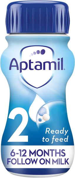 Aptamil Follow On Milk (200ml) for babies 6-12 months comes in a blue bottle and cap, perfect for weaning. It displays stage number 2 with Ready to Feed and 6-12 Months Follow on Milk. Enriched with vitamin D.