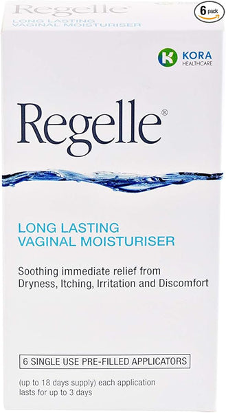 The Regelle Long Lasting Vaginal Moisturiser for Menopause by Regelle comes with six pre-filled applicators. It offers hormone-free relief from vaginal dryness, itching, irritation, and discomfort, with effects lasting up to 18 days per application.