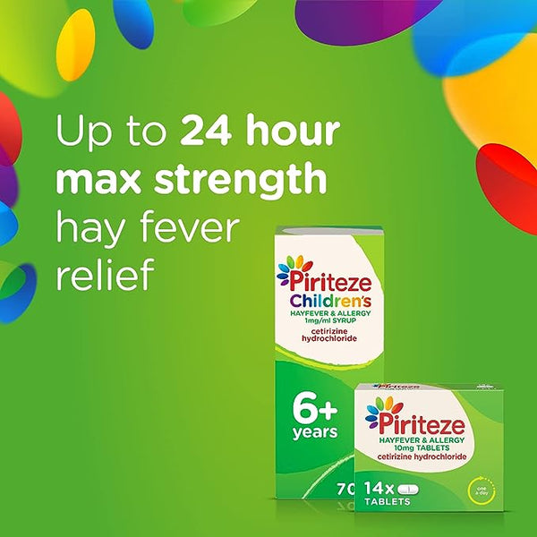 Image of Piris Piriteze Hayfever & Allergy Relief (30 Tablets) packaging on a green background with colorful abstract shapes. Text reads: Up to 24-hour max strength hay fever relief for ages 6+. Offering comprehensive allergy care for your childs needs.