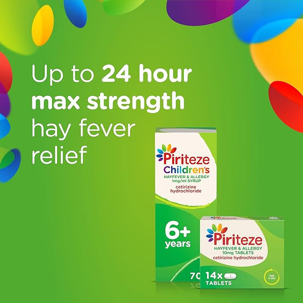 The image shows two Piriteze allergy relief boxes for children (6+) and adults on a green background with colorful shapes. Featuring 24-hour max strength hayfever treatment, Piriteze Hayfever and Allergy Syrup in banana flavor offers effective relief you can trust.