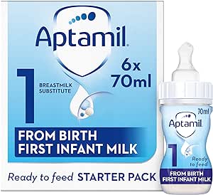 The Aptamil Stage 1 First Infant Milk Starter Pack includes six 70ml ready-to-feed bottles, featuring a design with a bottle image and indicating suitability from birth.