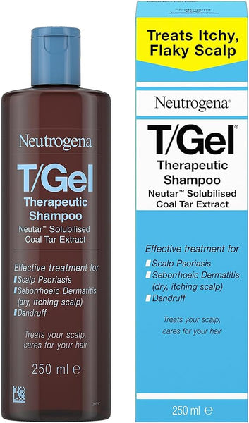 The image shows a blue box and brown bottle of Neutrogena T-Gel Therapeutic Shampoo (125ml), a medicated formula for treating dandruff, psoriasis, and seborrhea. It soothes itchy, flaky scalps effectively.