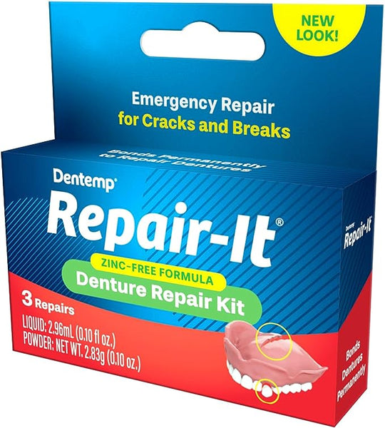 The image shows a Dentemp Repair-It (3 Repairs) box, ideal for dental emergencies. It highlights Emergency Repair for Cracks and Breaks, is zinc-free, includes supplies for three repairs, and features dentures on the front.