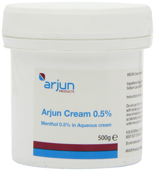 A white container of Arjun 0.5% Menthol Aqueous Cream (500g) with a blue and red Arjun logo features usage instructions, a warning label, and mentions it is an emollient moisturizer containing menthol 0.5%.