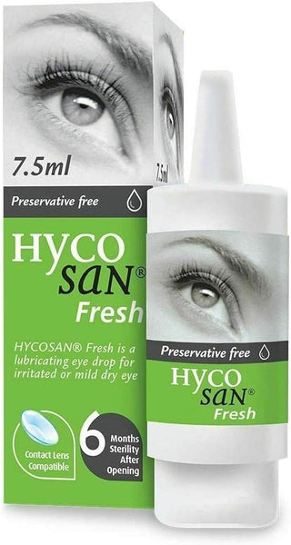 The Hycosan Fresh (7.5ml) packaging features an eye image and the bottle on a green and white box. It prominently states Preservative free, Contact lens compatible, and 6 months sterility after opening. Ideal for dry eye relief.