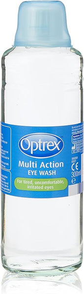 A 300ml bottle of Optrex Multi Action Eyewash, featuring a blue label and cap, is perfect for tired, uncomfortable eyes. This eyewash comes with a convenient FlexiSeal eye bath.