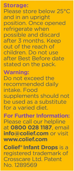 The yellow and purple label on Colief Infant Drops (7ml) provides storage instructions, caution warnings, and contact details, including a helpline number, email, and website to address concerns about digestive discomfort with lactase enzyme support.