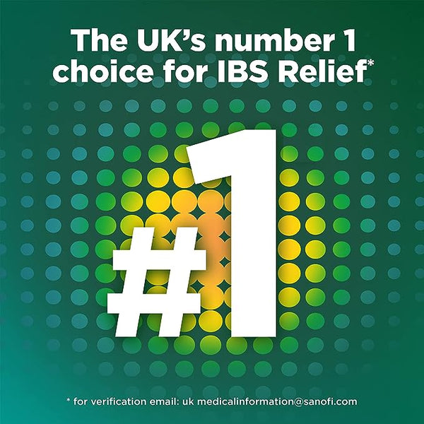 A gradient green background with fading dots showcases the text The UKs number 1 choice for IBS Relief* featuring Buscopan IBS Relief. #1 is prominently displayed below. A small note at the bottom includes a verification email address.