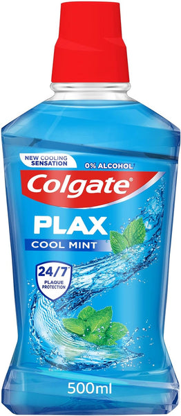 Experience the refreshing Colgate Plax Cool Blue Mint Mouthwash. This 500ml bottle offers a new cooling sensation with 0% alcohol, ensuring around-the-clock plaque protection. Its sleek blue design, featuring mint graphics and a vibrant red cap, makes it both stylish and effective.