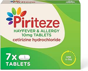 Box of Piris Piriteze Allergy & Hayfever One a Day with cetirizine hydrochloride offers relief from hayfever. The package contains 7 tablets, with colorful leaf designs on a green and white background.