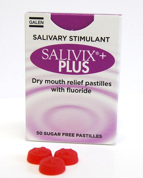 A box of Salivix Plus Dry Mouth Relief Pastilles includes 50 sugar-free pastilles with fluoride. Featured are three vibrant red pastilles against the elegantly designed packaging.