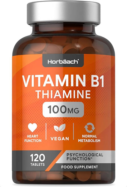 The Horbaach Vitamed Thiamine 50mg bottle contains 100 tablets. This supplement supports heart function, metabolism, and psychological health. It has a vegan-friendly label featuring a striking orange and white design.