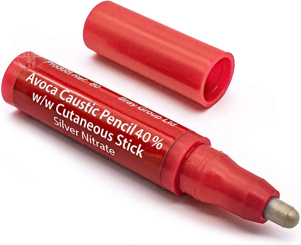 The Avoca Caustic Pencil 40% features a 40% w/w silver nitrate formulation with Cutaneous Stick on the label. It reveals a grey tip upon opening, with its cap beside it, ideal for effectively treating warts and verrucas.