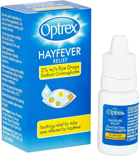 Optrex Allergy & Hayfever Eye Drops (10ml) offer effective allergy relief with 2% w/v sodium cromoglicate. The packaging is a blue box with yellow accents, a droplet symbol, and the white bottle has a matching label.