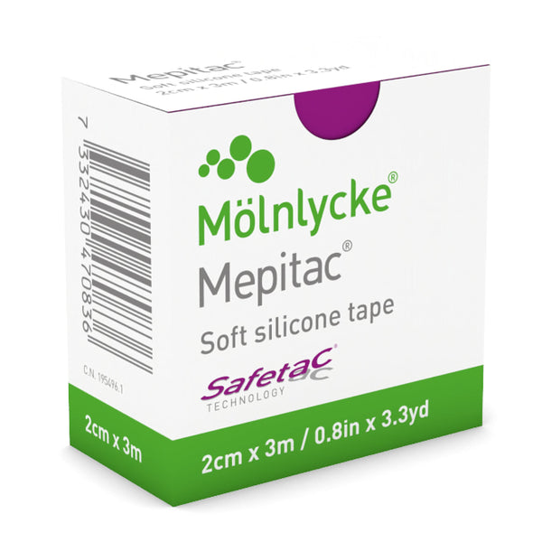 A white box with green and purple accents labeled MEPITAC Mepitac Soft Silicone Tape features the Safetac technology logo for gentle skin protection. Measuring 2cm x 3m / 0.8in x 3.3yd, it ensures reliable medical device fixation, with a barcode on the side.