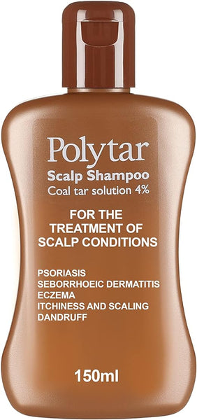 150 ml brown bottle of Polytar Scalp 4% by Polytar, a coal tar shampoo for treating scalp psoriasis, seborrhoeic dermatitis, eczema, itchiness, scaling, and dandruff.