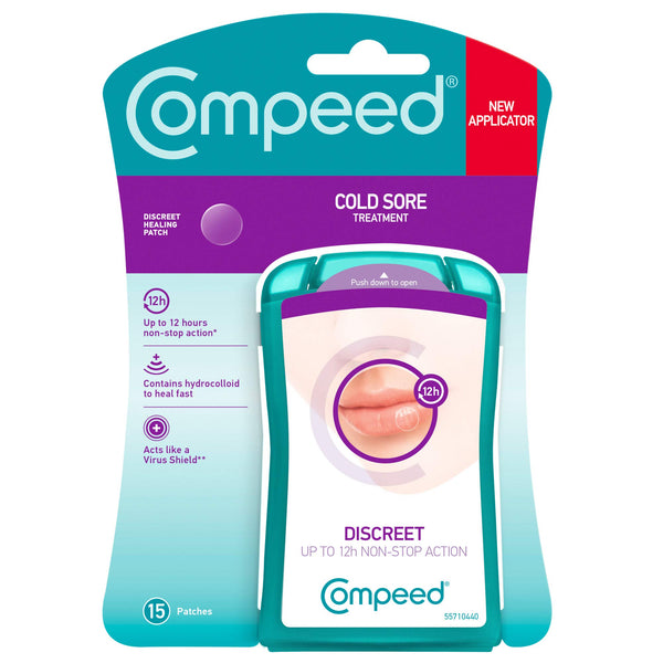 The Compeed Cold Sore Healing Patch offers fast relief with 15 discreet patches featuring hydrocolloid technology for up to 12 hours. The package acts as a virus shield, boasting a purple and teal design with an innovative applicator.