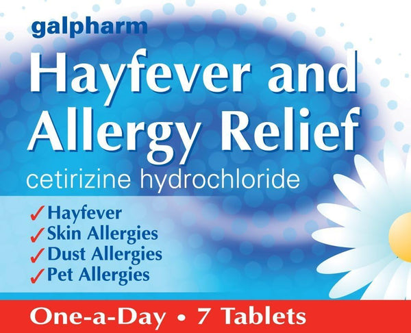 The image shows Galpharm Cetirizine Hayfever and Allergy Relief Tablets (Pack of 7), emphasizing cetirizine hydrochloride. It ensures relief from hayfever, skin, dust, and pet allergy symptoms with a One-a-Day dosage.
