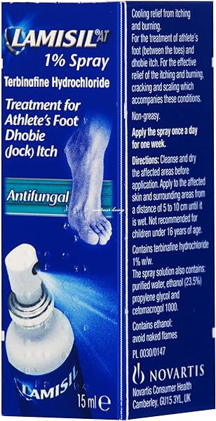 The Lamisil AT 1% Spray (15ml) packaging is a blue box featuring a foot, underscoring its use as an antifungal treatment for athletes foot and jock itch. It contains Terbinafine Hydrochloride and includes instructions and warnings on the side.