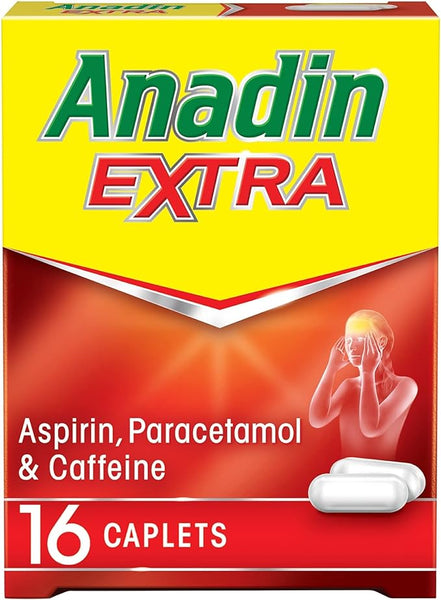 Anadin Extra Aspirin Paracetamol and Caffeine (16 Caplets) offers headache relief. The red and yellow box with green Anadin Extra text highlights aspirin, paracetamol, and caffeine ingredients, and features an illustration of a person holding their head.