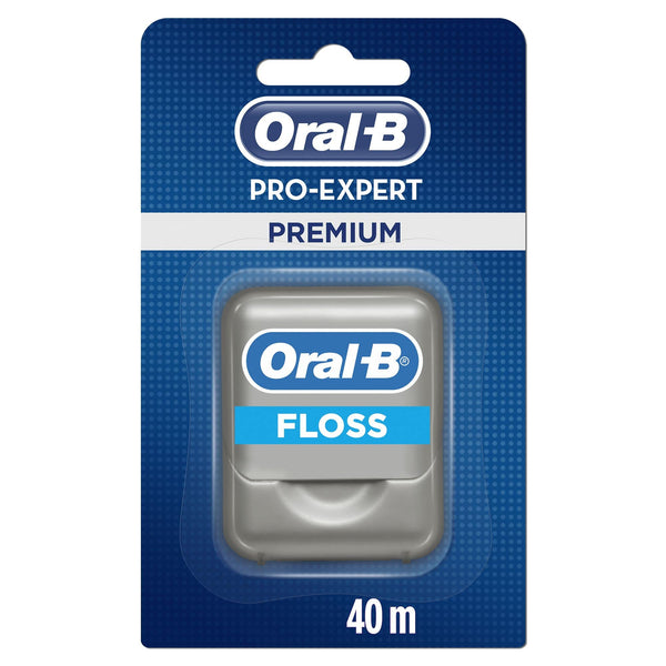 The Oral-B Pro-expert Premium Dental Floss (40m) packaging features a blue background with sleek white and silver text for branding and product details. Trusted by dentists, it embodies superior dental care.