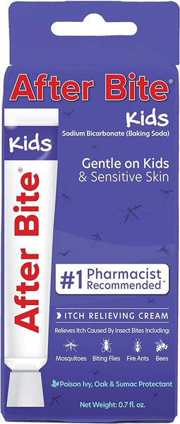 The purple box of After Bite Kids (15ml) features a tube of non-stinging cream with red text, claiming to be gentle on kids and sensitive skin, #1 Pharmacist Recommended, and providing relief for insect bites.