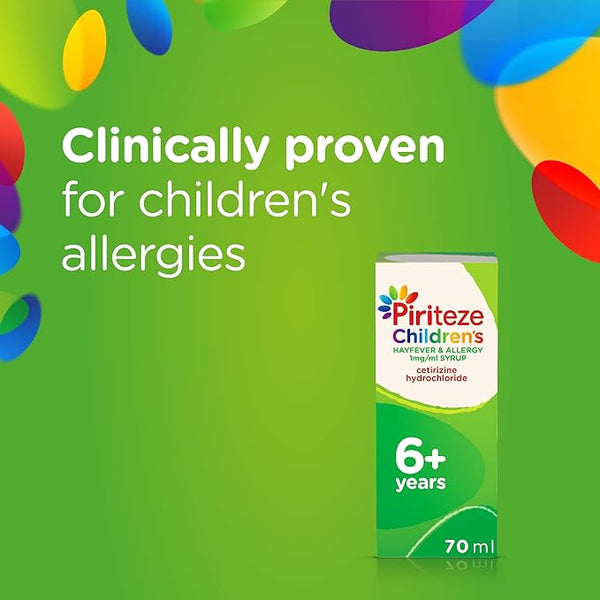 A vibrant green ad for Piris Piriteze Hayfever and Allergy Syrup - Banana Flavour (70ml) promotes Clinically proven allergy relief for children, perfect for kids aged six and above needing effective hayfever treatment, featuring the product box image.