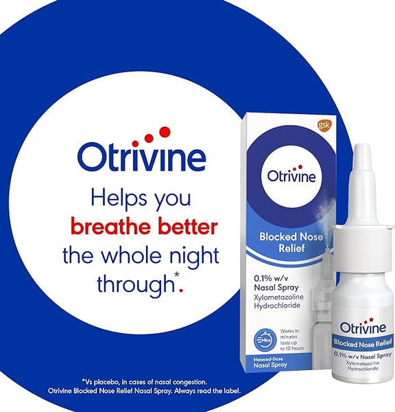 Ad for Otrivine Decongestant Nasal Spray (10ml): The packaging features, Helps you breathe better the whole night through. Enjoy effective congestion relief with our 0.1% Xylometazoline Hydrochloride formula.