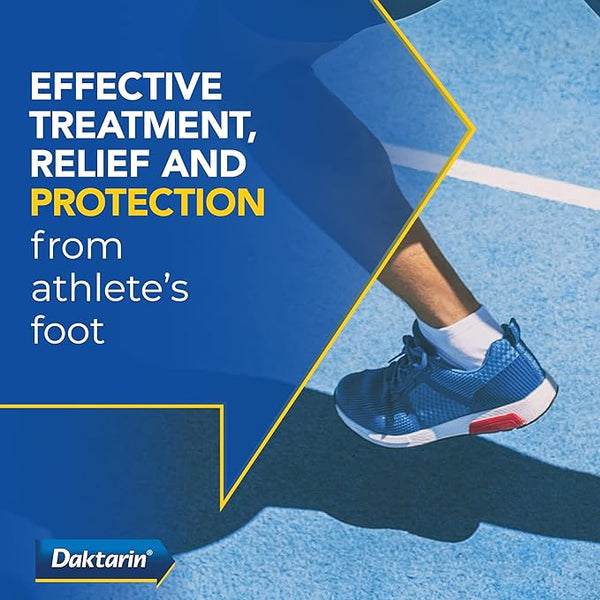 A close-up of running legs on a blue track, wearing blue shoes with white soles. Text: Effective athletes foot treatment with miconazole nitrate. Daktarin logo at bottom left. Product shown: Daktarin Aktiv Spray Powder (100g).