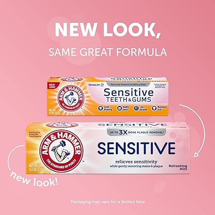 Two boxes of Arm & Hammer Sensitive Toothpaste (125g) are shown. The top box has the old teeth & gums design, and the bottom displays a new cavity protection look. Both versions maintain the sensitive formula with refreshing mint flavor and baking soda for optimal oral care.