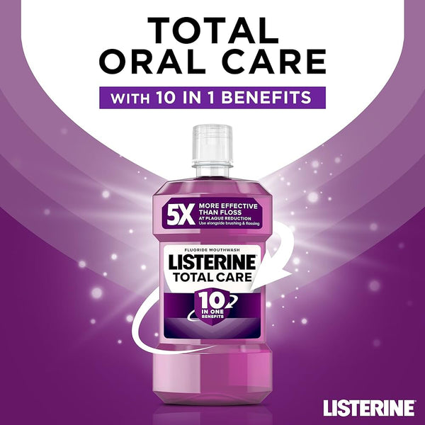 A 250ml bottle of Listerine Total Care Mouthwash is centered on a purple background with sparkles. Text reads: Listerine—Total Oral Care, 10 in 1 benefits, and 5x more effective than floss.