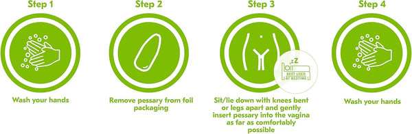 Four green circles illustrate how to use 121 Pharmacys Balance Activ BV Treatment Pessaries (7 Pack): wash hands, remove pessary, insert while sitting or lying with knees bent, then wash hands again. Simple line drawings support each feminine health step.