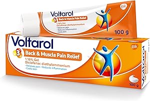 The Voltarol Back and Muscle Pain Relief Gel (100g) provides fast relief with diclofenac diethylammonium. Its orange and white packaging features blue text displaying Voltarol, Back & Muscle Pain Relief, and a blue human figure logo.