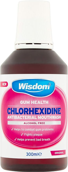 A 300ml bottle of Wisdom Chlorhex Original Pink Alcohol Free, crafted for optimal gum health. This alcohol-free formula effectively combats gum issues, fights plaque, and prevents bad breath.