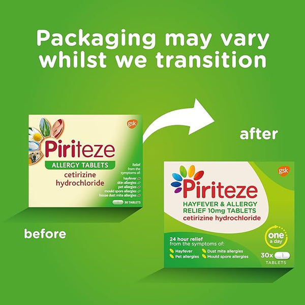 Two images display Piriteze Hayfever & Allergy Relief packaging updates: the old box with a leaf design transitions to the new with a vibrant flower and clearer text showing 24-hour allergy relief, highlighted by an arrow, ideal for hay fever care. Brand: Piri. Contains 30 tablets.