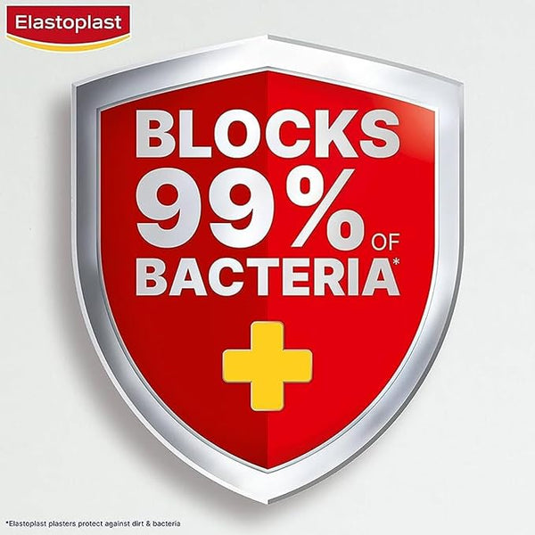 A red shield with a silver border displays a yellow cross and the words BLOCKS 99% OF BACTERIA*. The Elastoplast logo appears at the top left. Featuring strong adhesion, Elastoplast Fabric Plasters (10) provide reliable protection against dirt and bacteria for effective wound care.