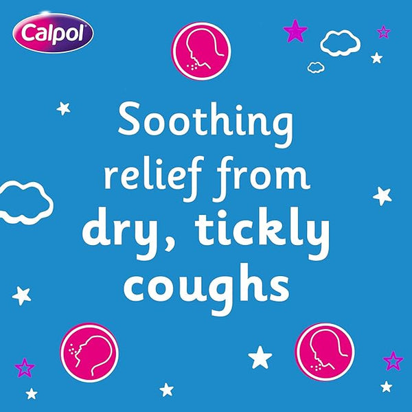 A blue CalCough graphic displays the text Soothing relief from dry, tickly coughs in white, surrounded by clouds, pink and white stars, and a coughing icon. This child-friendly design promotes CalCough Childrens Cough and Sore Throat Syrup - Blackcurrant for sore throat relief.