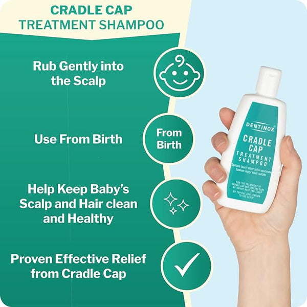 A hand holds a 75ml bottle of Dentinox Cradle Cap Treatment, highlighting its benefits: Rub Gently into the Scalp, Use From Birth, Gentle Formula for Baby Scalp Care, and Proven Effective Relief from Cradle Cap.