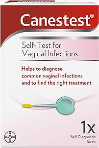 The Canesten Canestest Self-Test for Vaginal Infections box displays its function in diagnosing issues such as Bacterial Vaginosis, ensuring proper treatment. The packaging shows a swab illustration and specifies its a single-use test for vaginal pH.