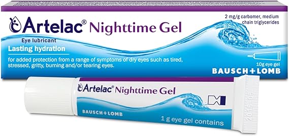 The image features Bausch and Lomb Artelac Night Time Gel packaging, highlighting lasting hydration for dry eyes. The 10g box and tube display water splash visuals with consistent branding details.